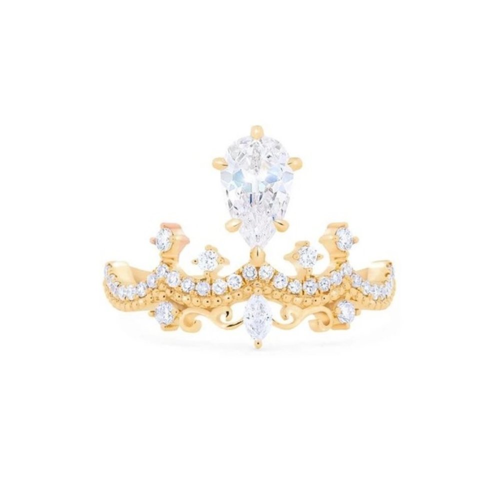 NEW 18K Yellow Gold Diamond Crown Pear Cut Ring - Picture 6 of 6